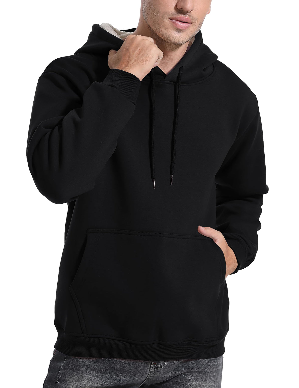 Men's fleece sherpa-lined hoodie in black, hood drawstrings, kangaroo pocket, sherpa-lined hem.