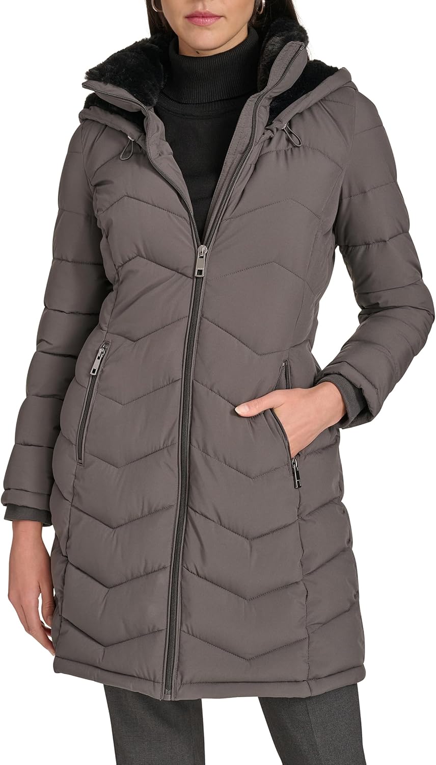 Calvin Klein women’s long gray chevron puffer jacket with hood, full zip, and zip side pockets
