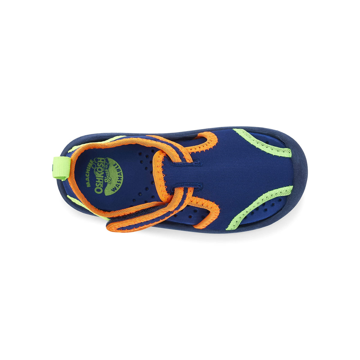 Boys water shoe toe view, navy upper with orange hook-and-loop straps and green trim