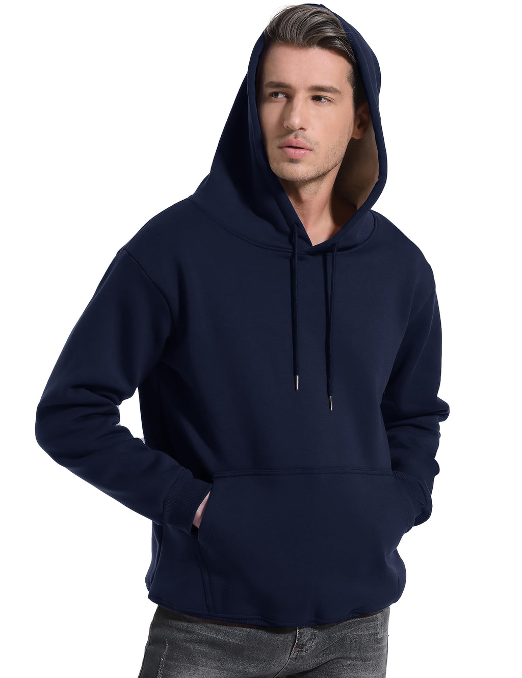 Men's fleece sherpa-lined hoodie in navy, hood drawstrings and front kangaroo pocket.