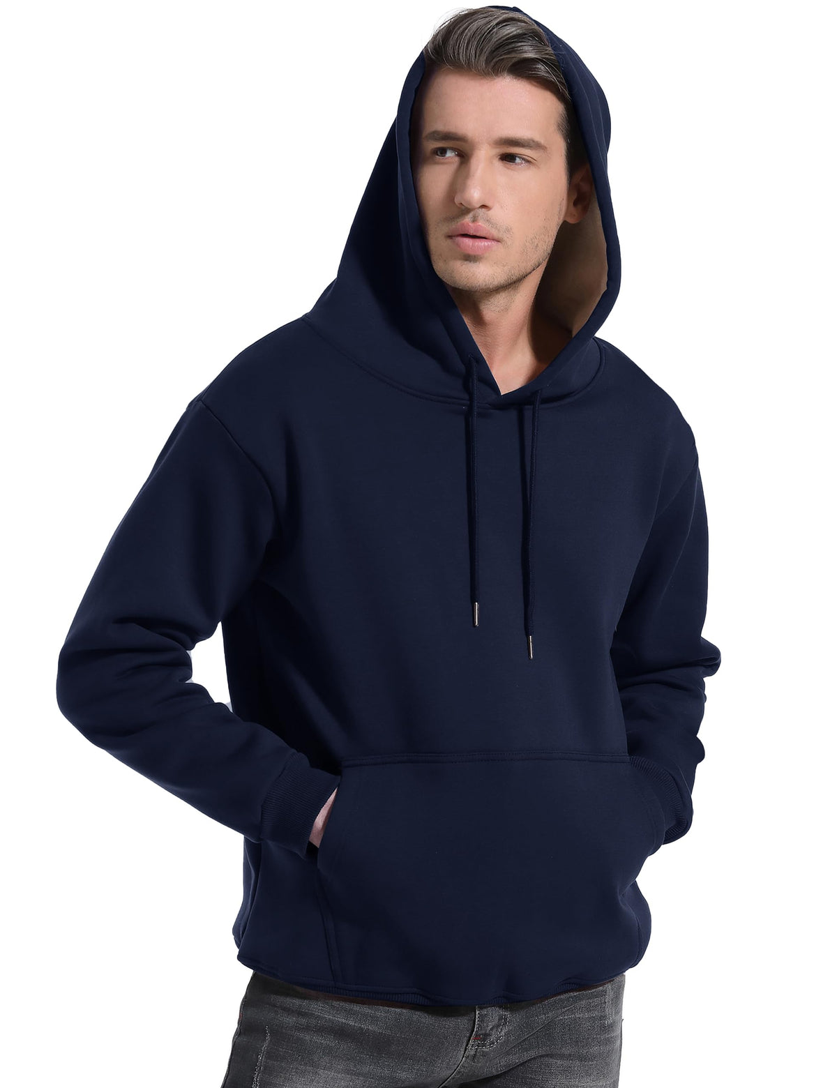 Men's fleece sherpa-lined hoodie in navy, hood drawstrings and front kangaroo pocket.
