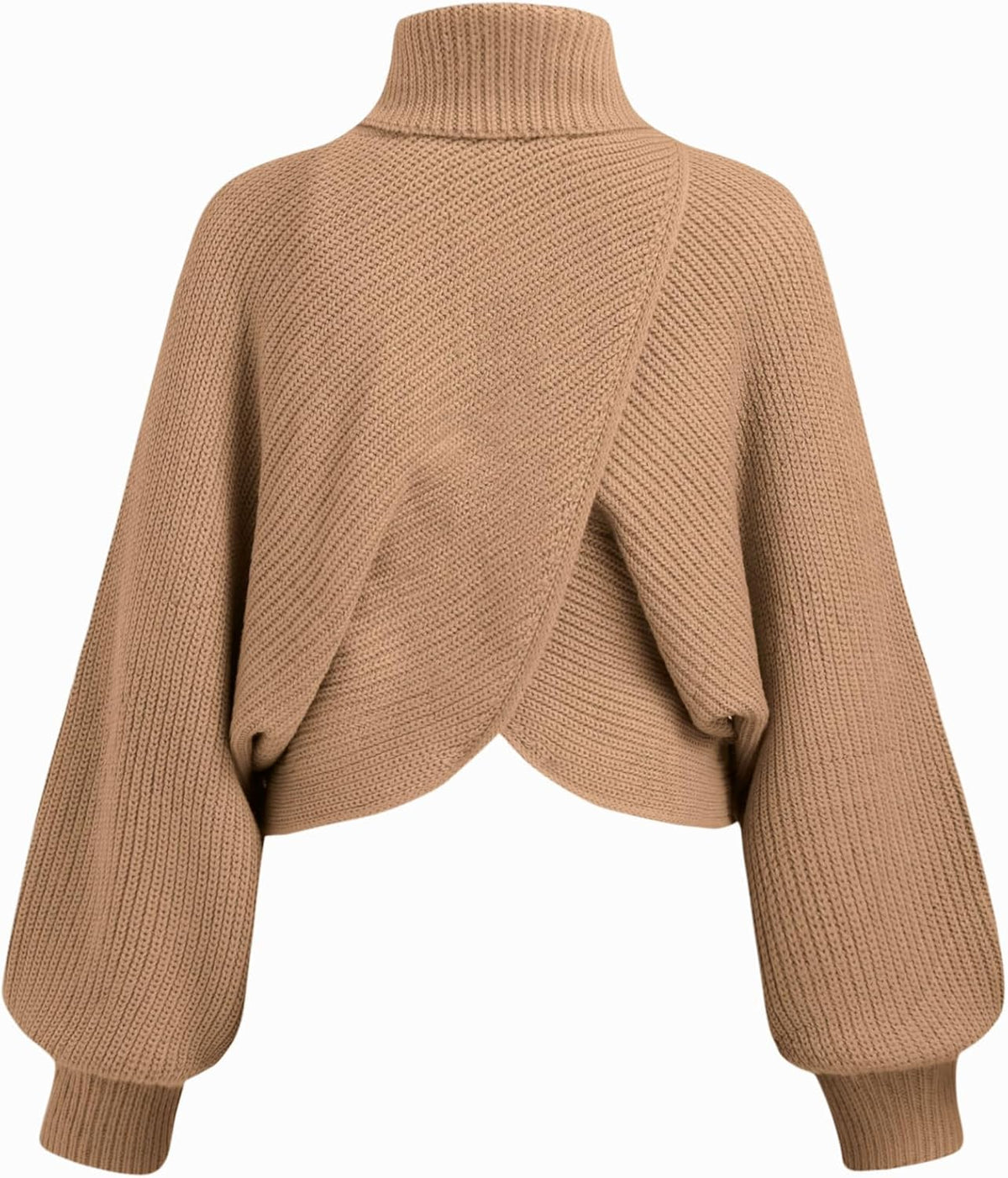 Cropped knit turtleneck sweater, tan, ribbed knit, wrap-twist front, lantern sleeves