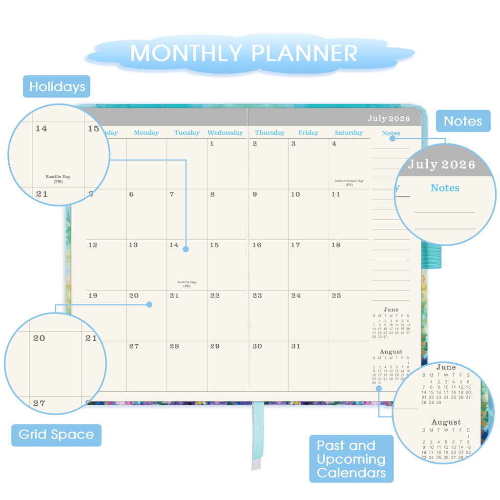 Monthly calendar page with July 2026 grid and notes sections