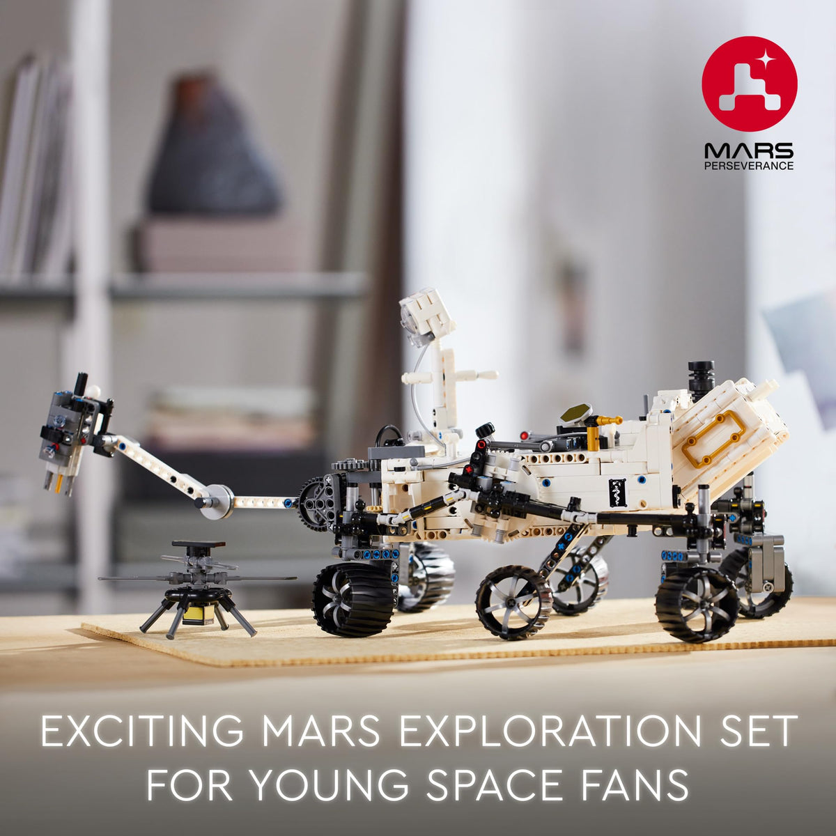 LEGO Technic Mars rover build with articulated wheels and robotic arm on display