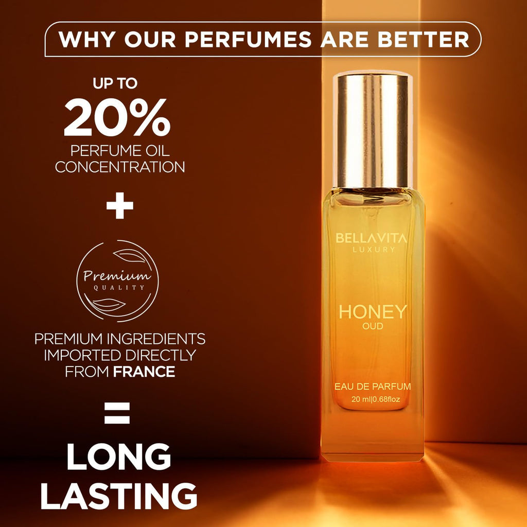 Honey Oud eau de parfum bottle with gold cap, 20 ml, on dark background