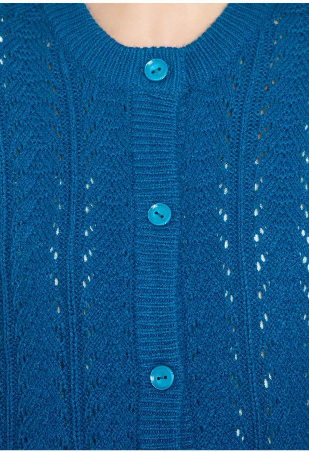 Peacock blue crochet cardigan with button placket and textured pointelle knit