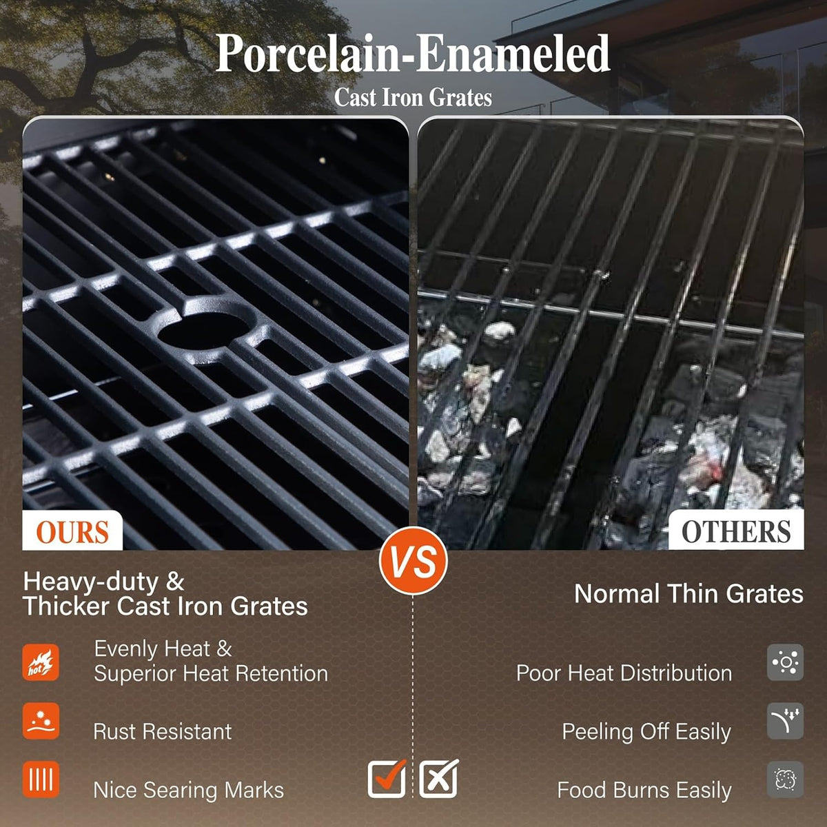 Porcelain-enameled cast iron grill grates with heavy-duty thick-bar design