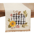 Natural linen-blend table runner with plaid pumpkin, sunflower leaves, and fringe