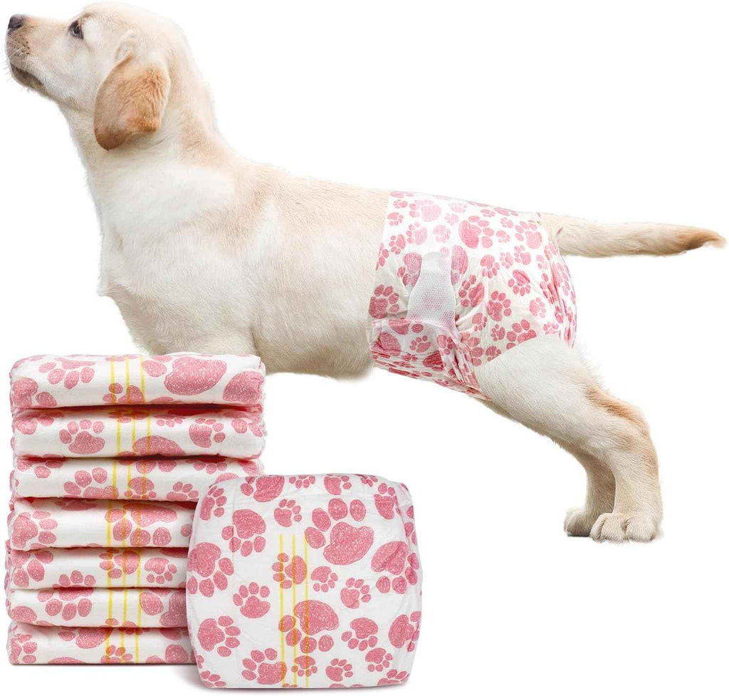 Pink paw-print disposable dog diaper modeled on a puppy beside a stack of diapers.