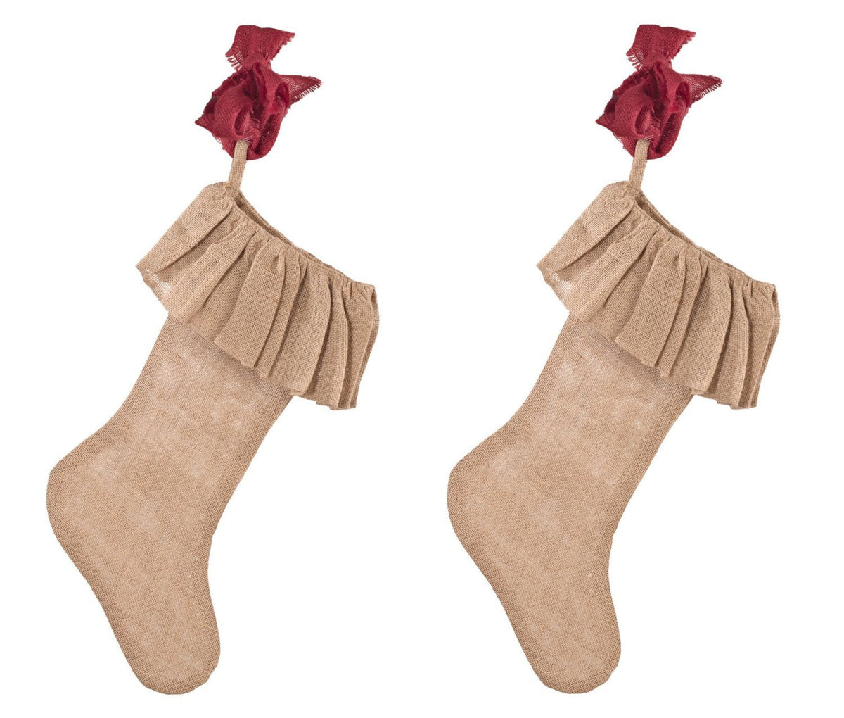 Pair of jute Christmas stockings in natural with red ruffled cuffs