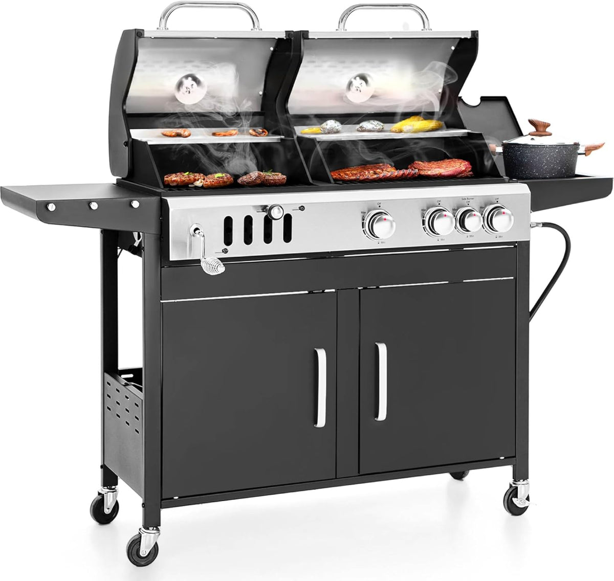 Charcoal and gas combo grill with side burner, two lids, and front control knobs