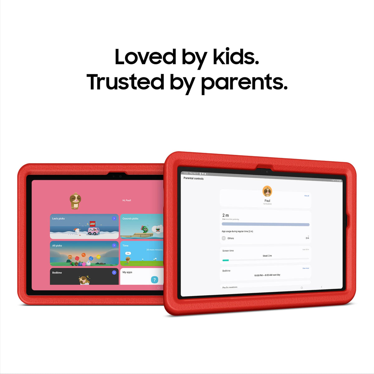 Two red kids tablets with different screens and protective cases