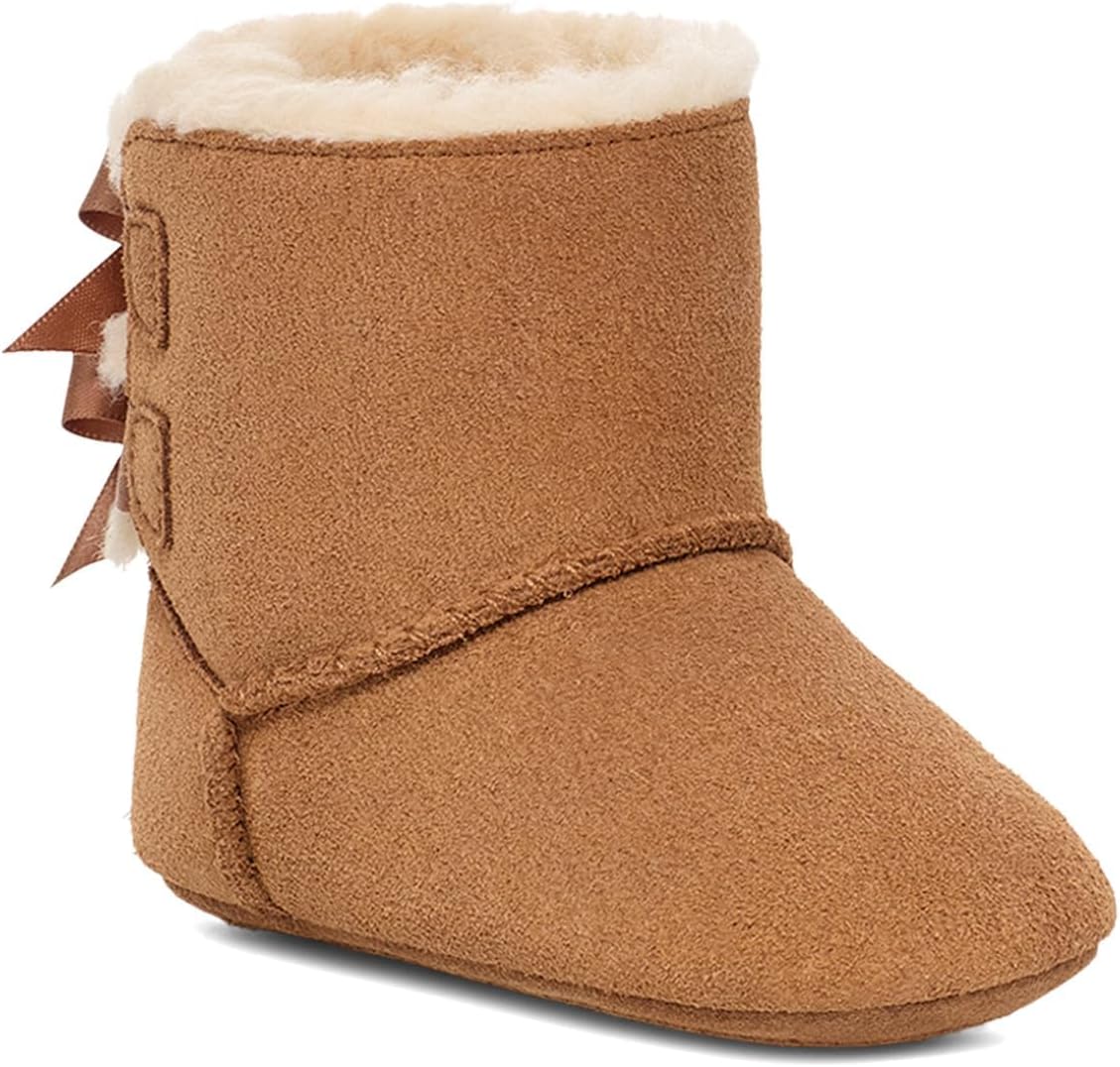 UGG baby Bailey bow boots in chestnut suede with faux-fur cuff and brown ribbon