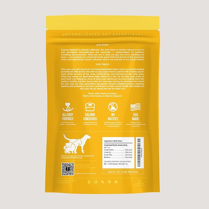 Dehydrated beef heart jerky dog treats pouch back, yellow with ingredients and nutrition panel.