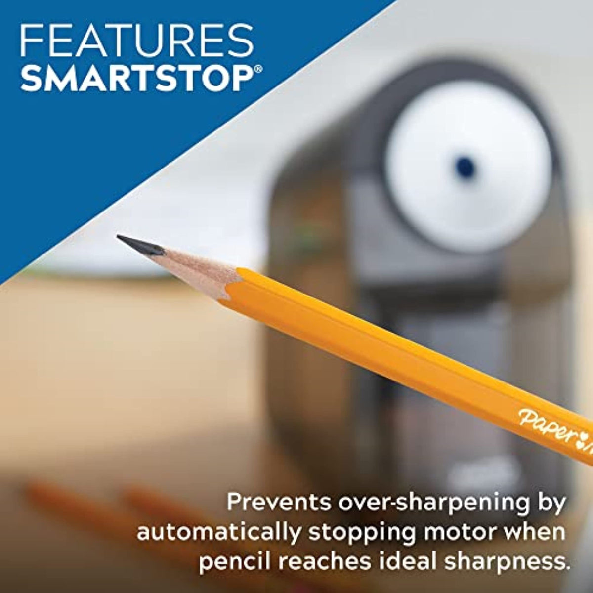 Electric pencil sharpener showing sharpening dial over a pencil tip, features smartstop.