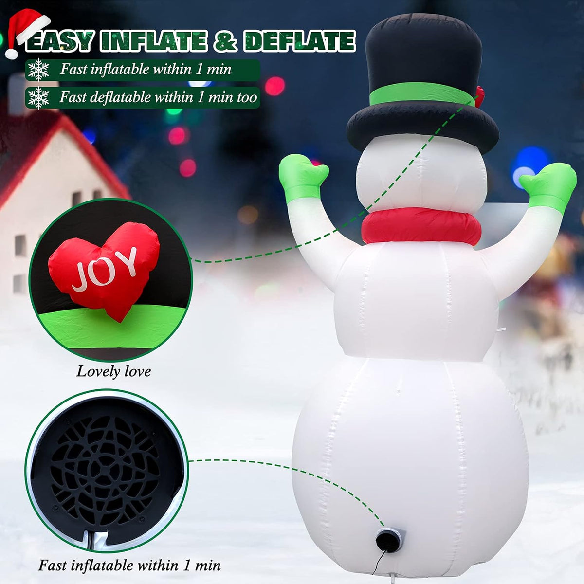 White inflatable snowman with black top hat and striped scarf, front air valve opening