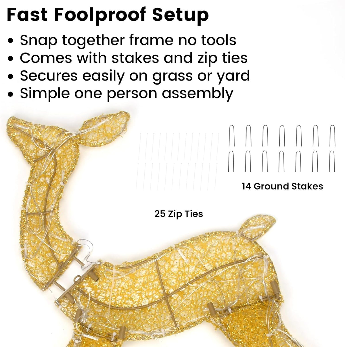 Gold glitter reindeer setup with ground stakes and zip ties accessories shown