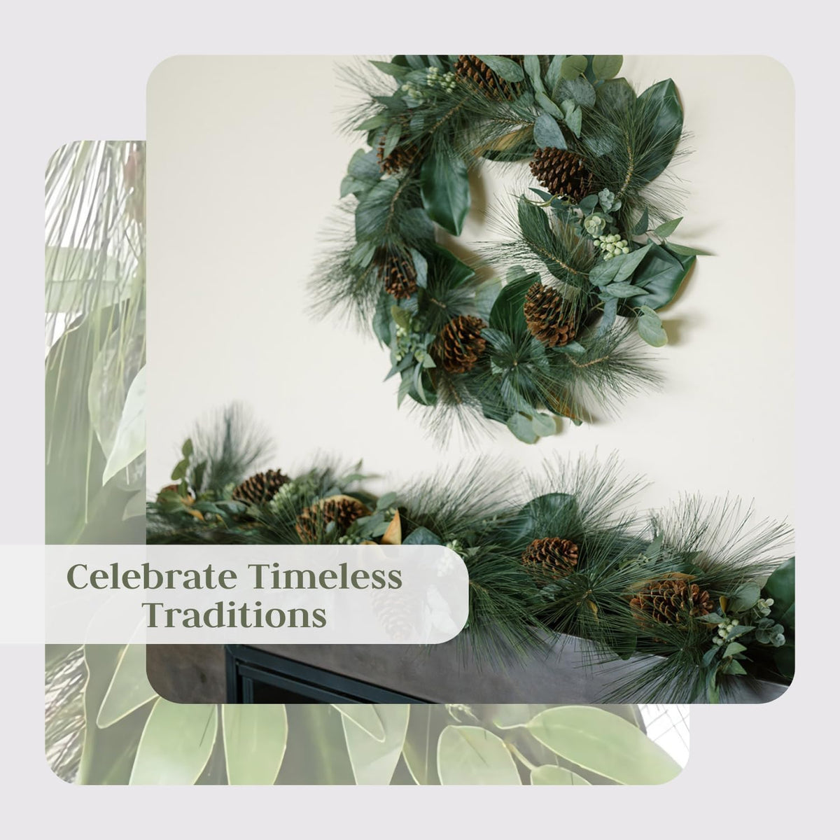 Faux holiday wreath-style garland with layered evergreen branches and pinecones