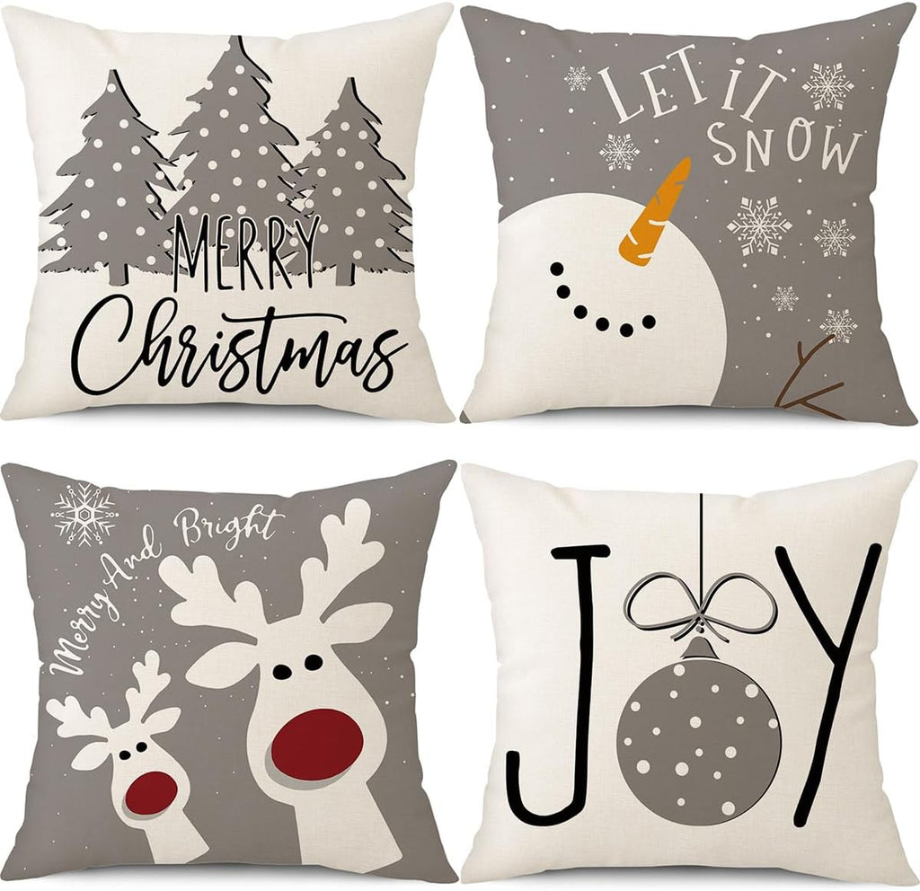 Set of 4 Christmas pillow covers: Merry Christmas trees, Let it Snow, reindeer, Joy