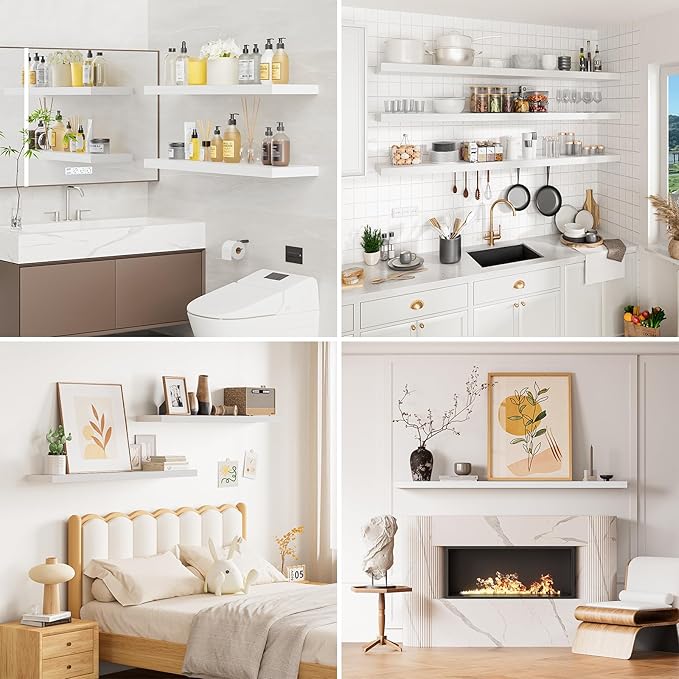 White floating shelves styled in living room, bedroom, bathroom, and kitchen for organization