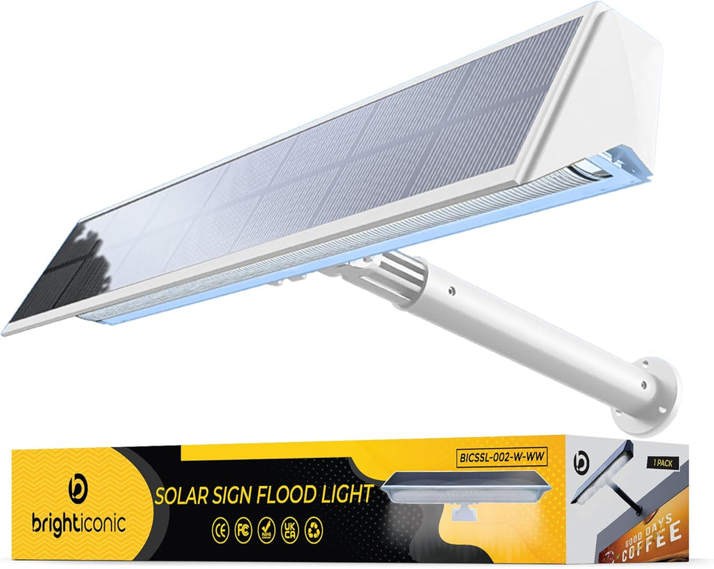 Solar sign flood light in white finish with angled panel and white extension arm