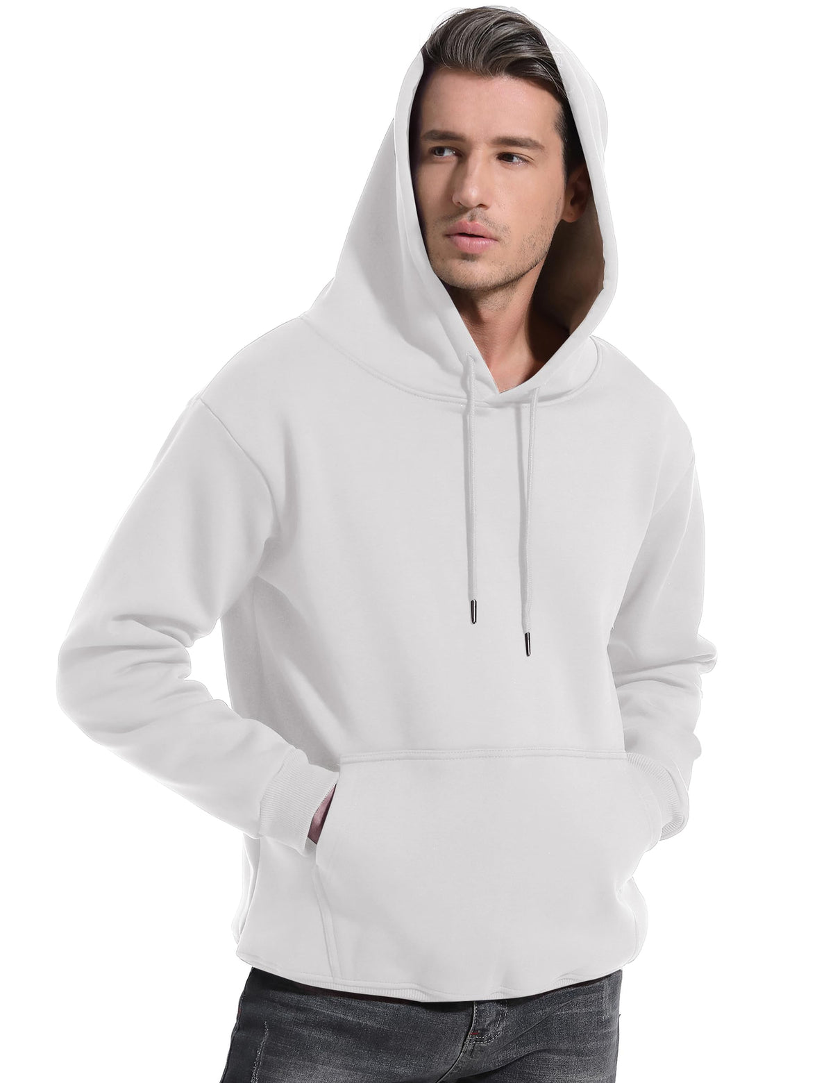 Men's fleece sherpa-lined hoodie in white, hood drawstrings and front kangaroo pocket.
