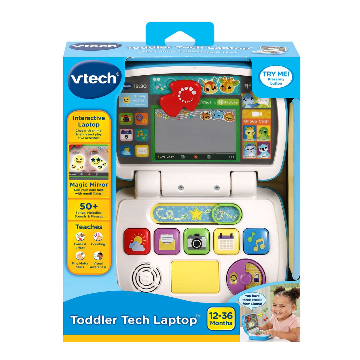 VTech interactive toddler tech laptop in blue packaging with animal-themed screen
