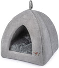 Gray soft pet tent bed with front opening, cushioned floor, and top carrying strap