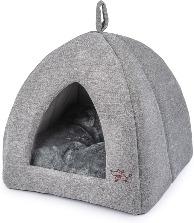 Gray soft pet tent bed with front opening, cushioned floor, and top carrying strap