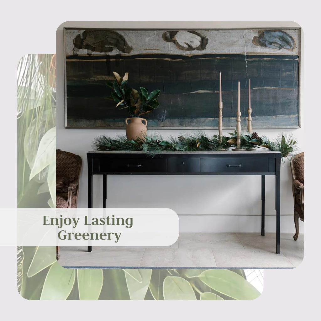 Faux garland arrangement with pine needles, green leaves, and pinecones on console