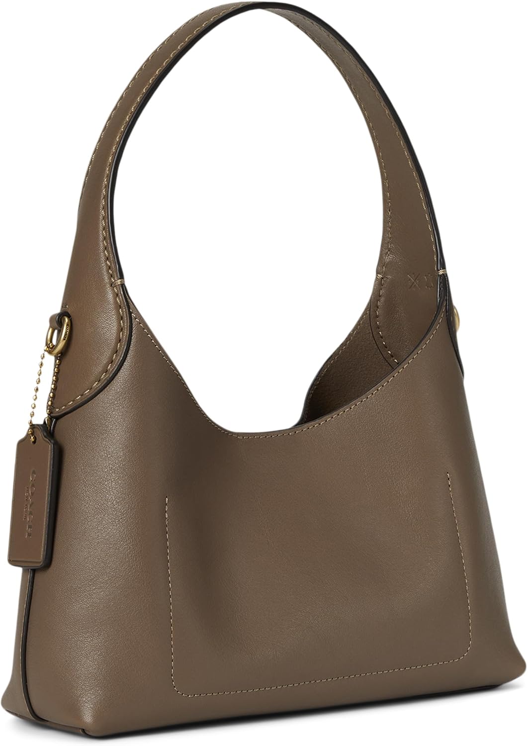Hobo bag in dark brown with chain strap, front pocket, and dangling tag