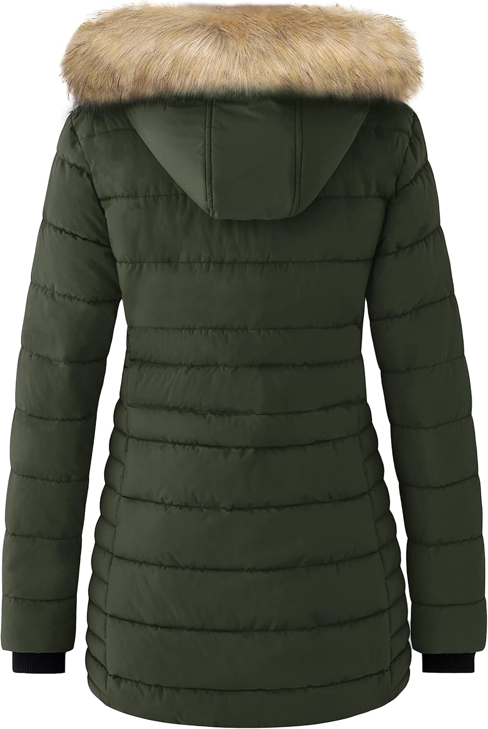 Women’s green puffer parka with fur-trim hood, back view, hood up
