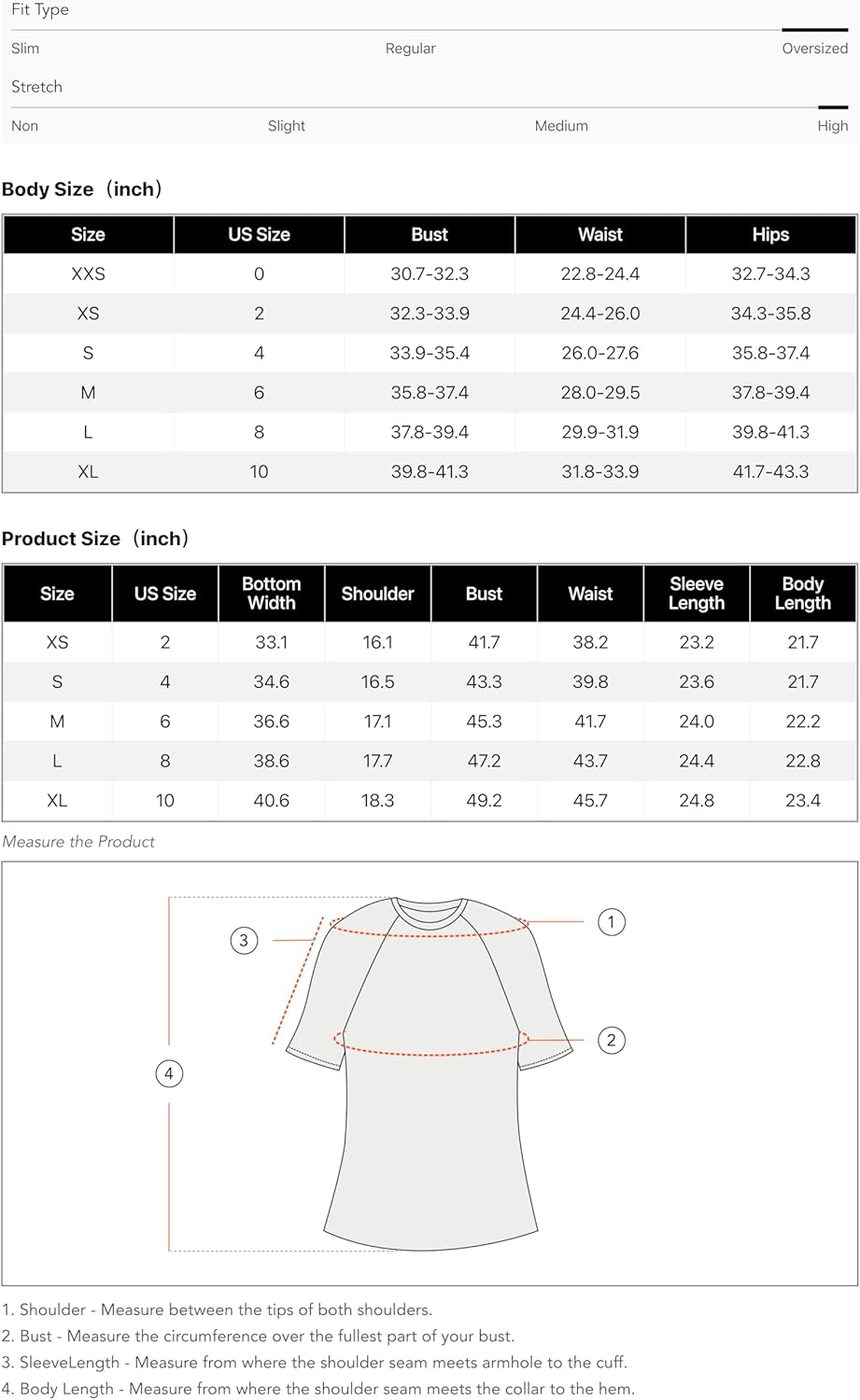 Size chart table for knit sweater, showing body and product measurements by size