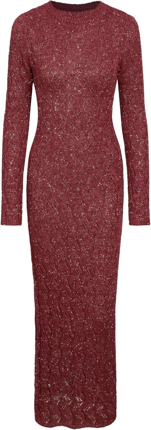 Burgundy long-sleeve crewneck maxi sweater dress with textured knit front.
