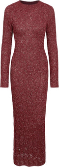 Burgundy long-sleeve crewneck maxi sweater dress with textured knit front.