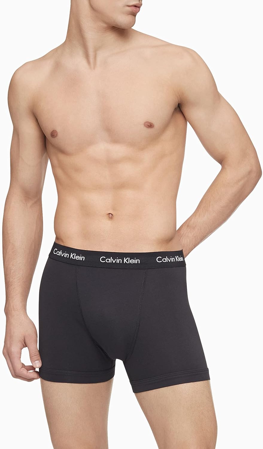 Men's black cotton stretch boxer briefs with Calvin Klein logo waistband on model