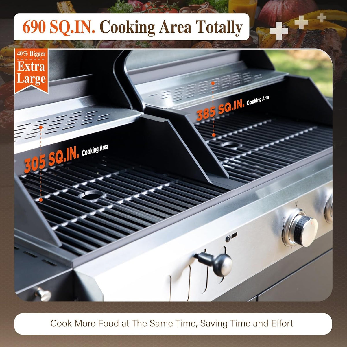 Dual fuel grill cooking area with cast iron grates and side control knob