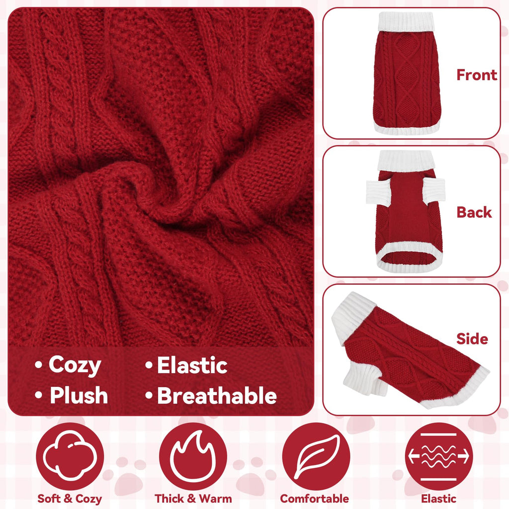 Red dog cable knit turtleneck sweater showing front and back with white trim