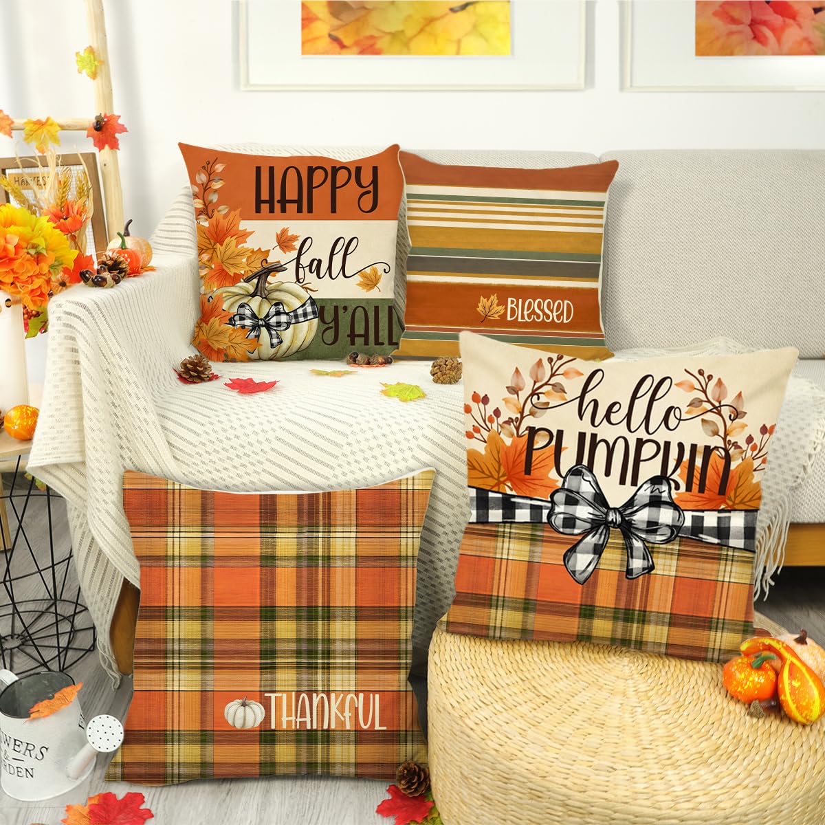 Fall pillow cover set featuring orange pumpkin, plaid, and striped decorative graphics