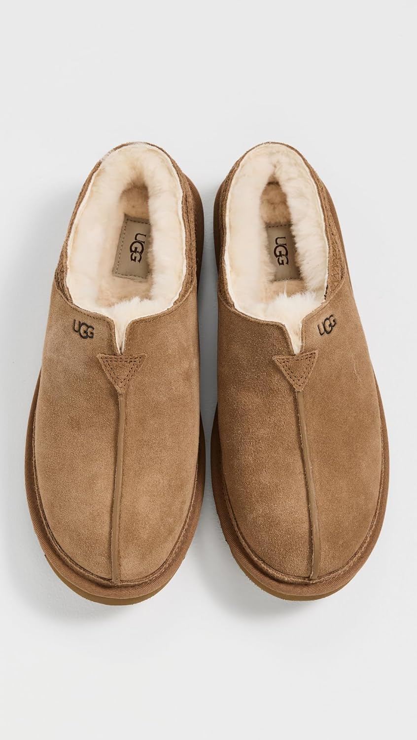 Men's UGG Neuman chestnut slippers, suede exterior with plush cream lining and rubber sole