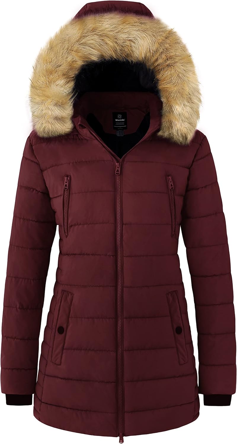 Women’s burgundy puffer parka with faux fur hood, zip front, hand pockets.
