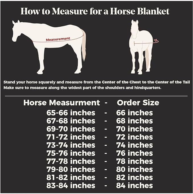Horse blanket measuring guide size chart with inches for chest and order size