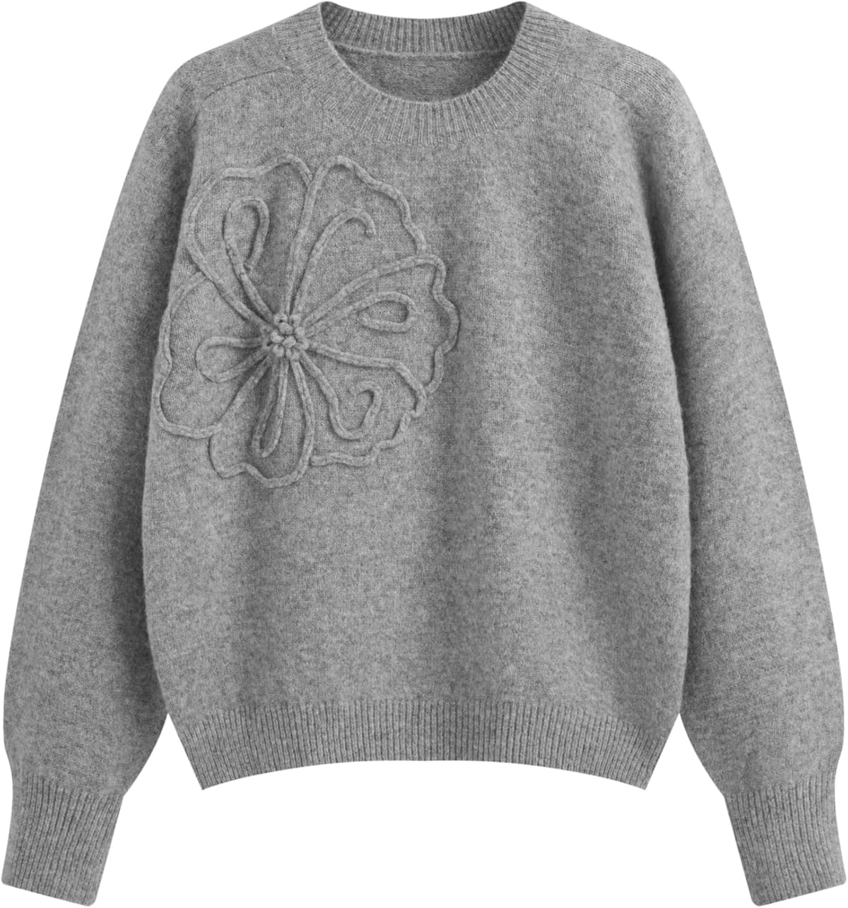 Dark gray knit sweater front view with embossed floral chest detail