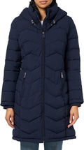 Calvin Klein women’s long navy chevron puffer jacket with hood, front zip, and chest-high pockets