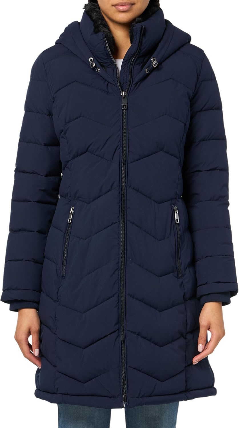 Women's long puffer jacket in deep navy with full-zip, hood, and side zip pockets