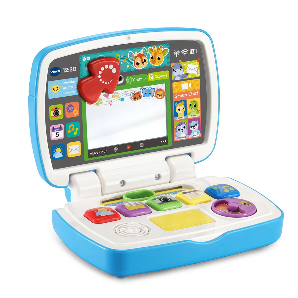 Blue interactive toddler laptop open with animal graphics on the screen and keypad buttons