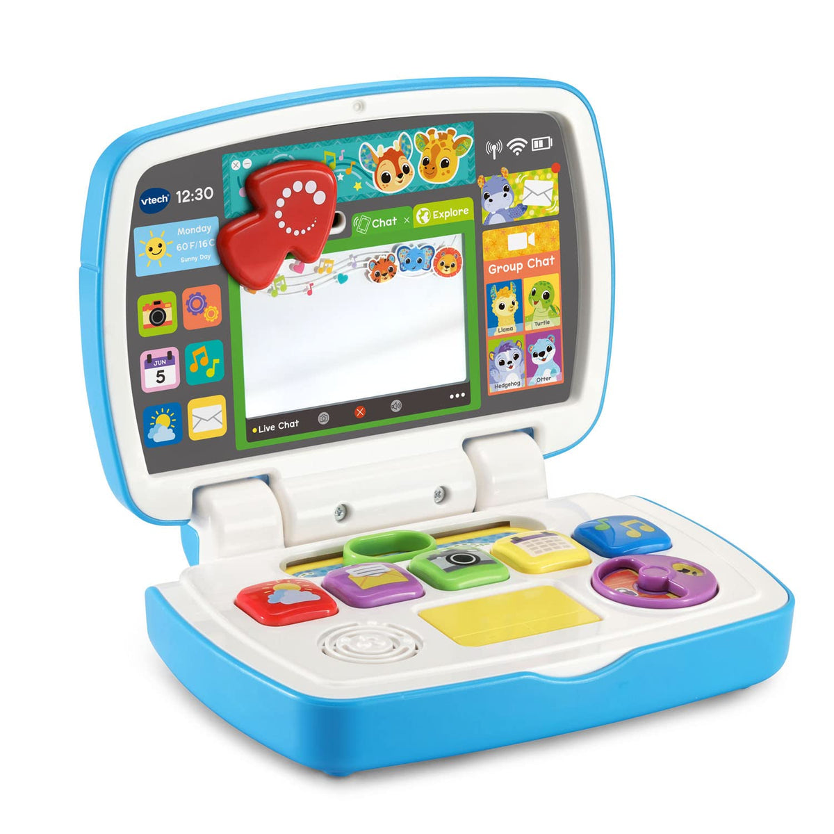 Blue interactive toddler laptop open with animal graphics on the screen and keypad buttons
