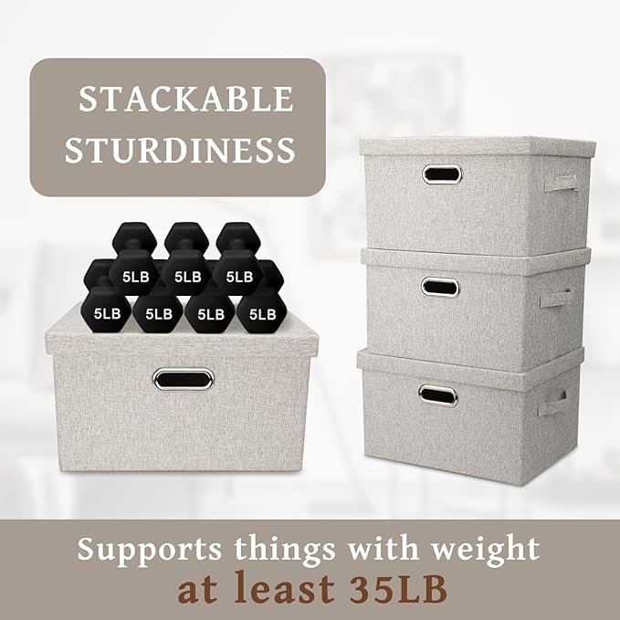 Beige stackable fabric storage bins with lids and oval carry handles, 3-high