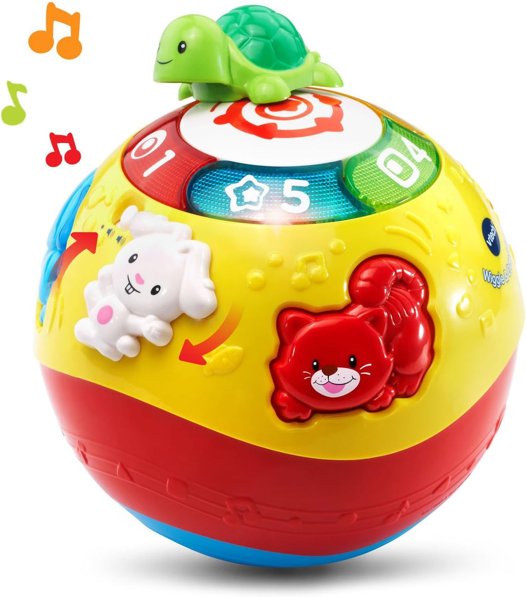 Yellow rolling ball close-up with green turtle, white bunny, and red bear face