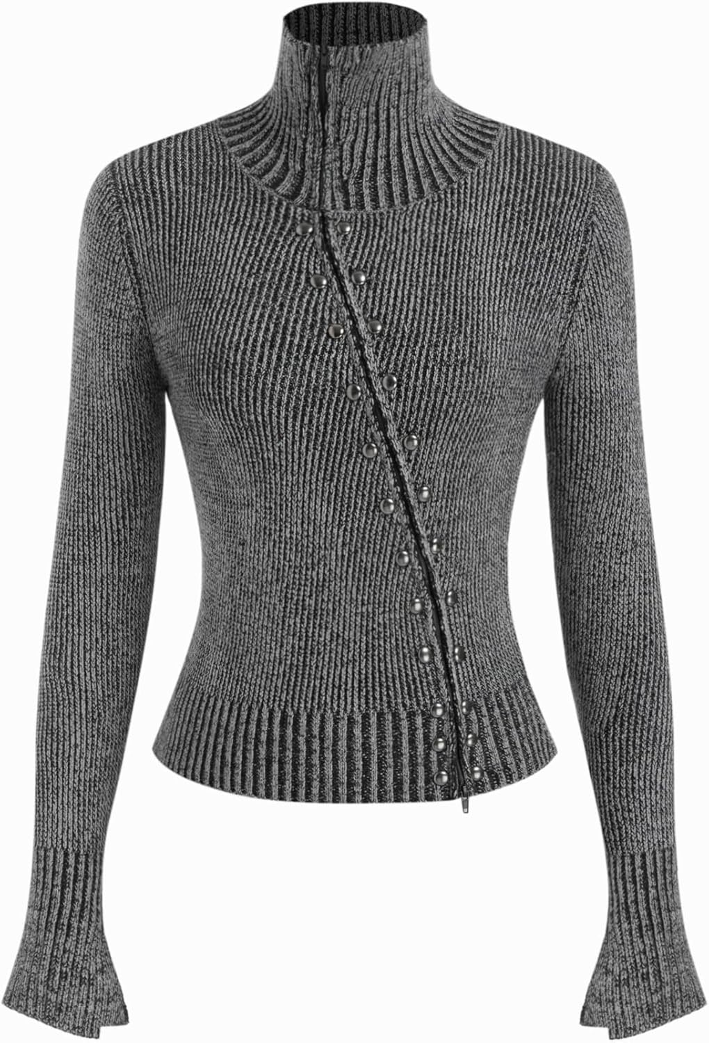 Grey rib-knit stand collar cardigan with long sleeves and button placket detail